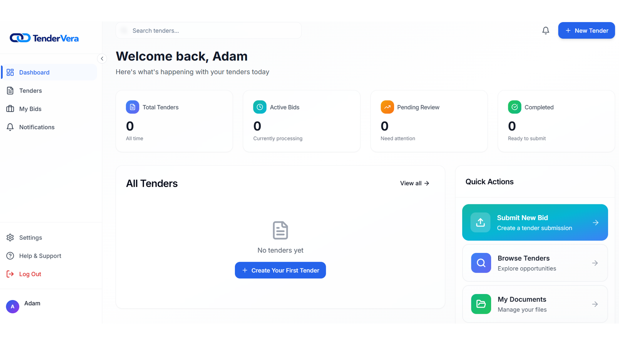 TenderVera client dashboard showing tender pipeline, bid status, and document management workspace